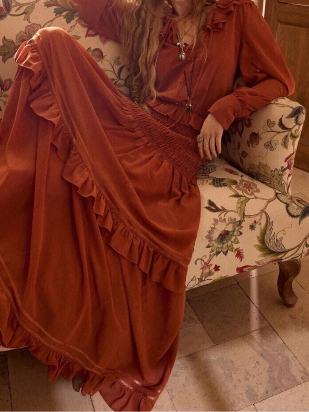 Rust Brown Ruffle Collar Smocked Maxi Dress - Picture 2 of 7